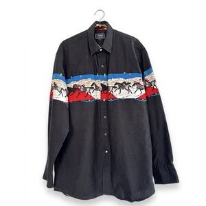 Vintage Roper Western Snap Button Galloping Horses Shirt Size Large
